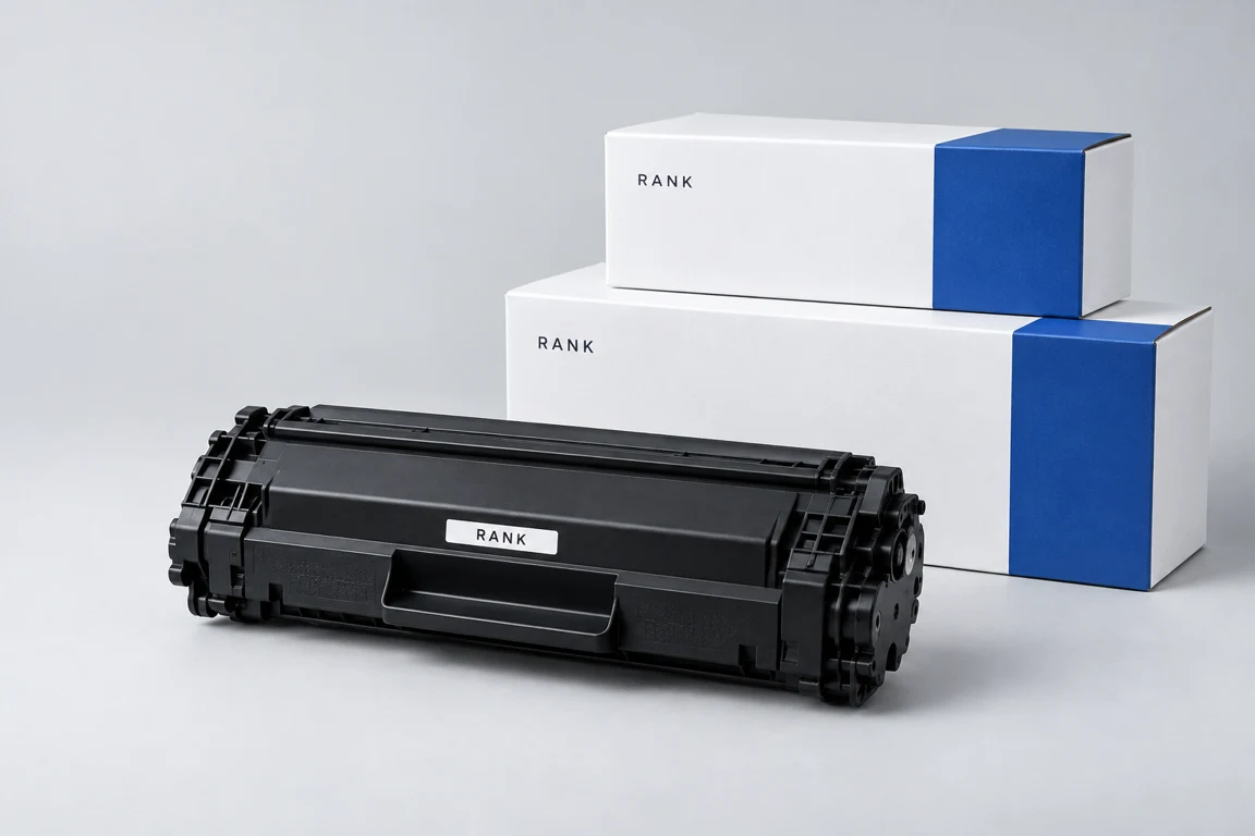 Illustrative RANK toner cartridge and blue-and-white packaging